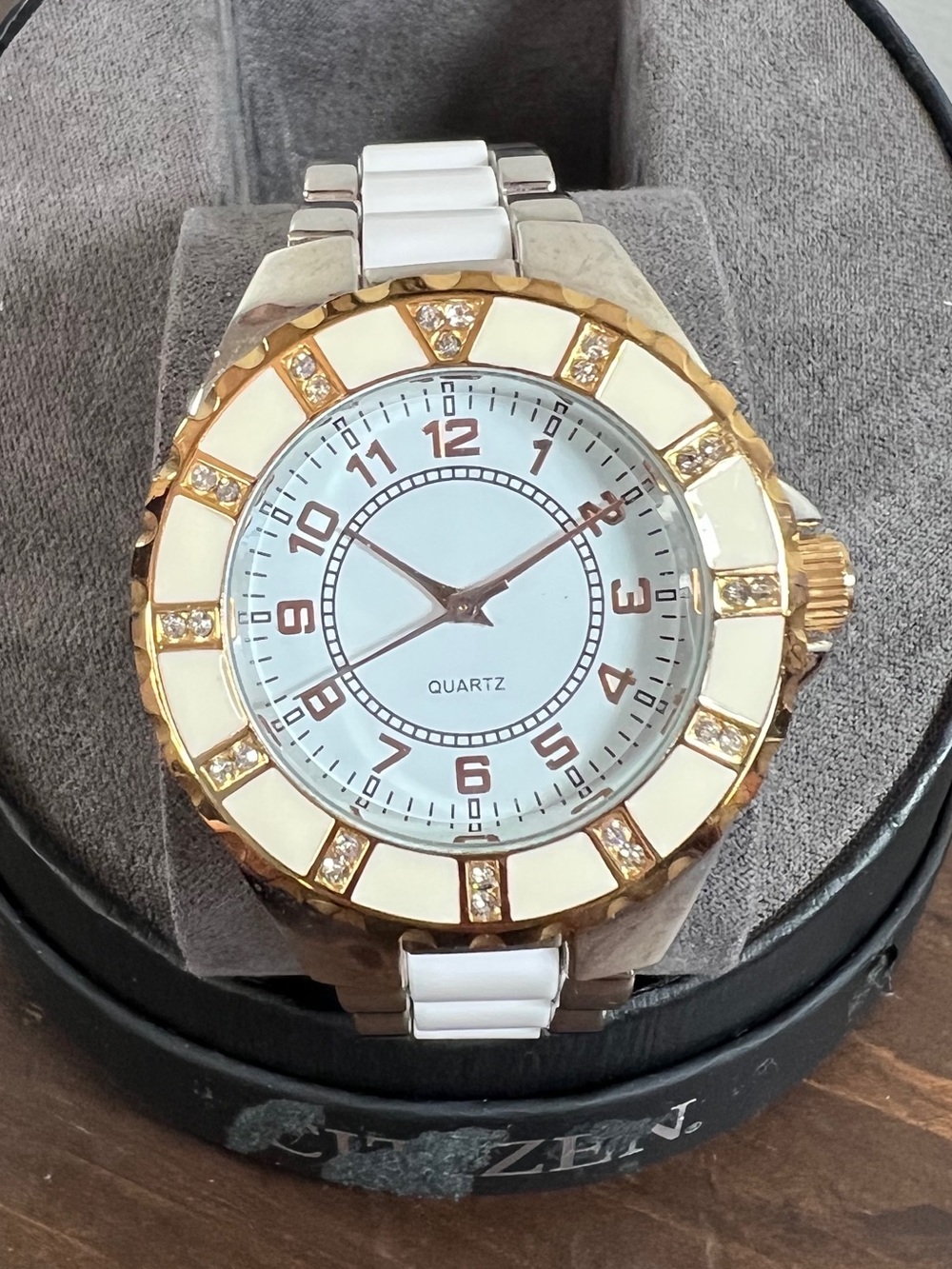 Gold and White Crystal Accent Quartz Watch